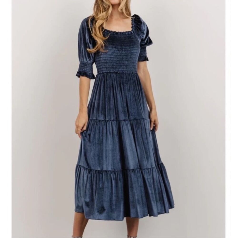 NWT Baltic Born Vivaldi Smocked Velvet Midi Dress Tiered Boho Puff Sleeves XL